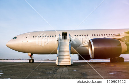 Wide body passenger airplane with a boarding stairs at the airport apron in the evening sun 120905622