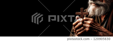 Wrinkled Hands of Old Man Holding a Small Wooden Cross on Black Background - Generative Ai 120905630