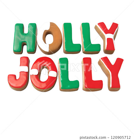 Holly Jolly - Christmas clay lettering element in naive childish style. Winter holiday quote Isolated raster element on transparent background. 120905712