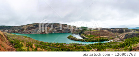 Panorama of a flooded quarry Panorama of a flooded quarry 120905768