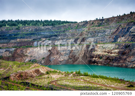 Quarry flooded with turquoise water Quarry flooded with turquoise water 120905769