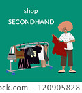 Woman thrifting clothes second hand vector artwork 120905828