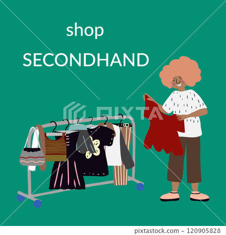 Woman thrifting clothes second hand vector artwork 120905828