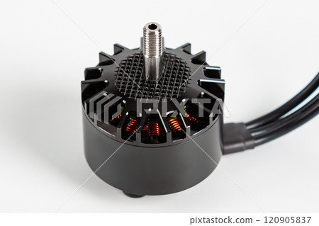 Motor for the FPV drone on a white background. It is suitable for many types of quadcopters. Close-up. Motor for the FPV drone on a white background. It is suitable for many types of quadcopters. Close-up. 120905837