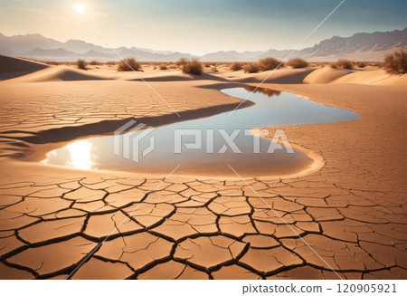 Cracked ground of a dried up lake or river in the desert as result of drought and extreme heat. Rivers and lakes worldwide are running dry. No freshwater for people to drink. Dries, Global drought. AI 120905921