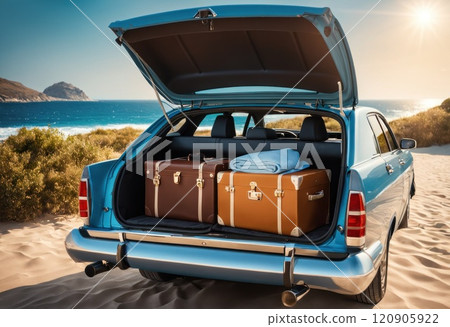 Suitcases and bags in trunk of car ready to depart for holidays. Moving boxes and suitcases in trunk of car, outdoors. Trip, travel, sea. Car on beach with sea background. Summer vacation concept. AI 120905922