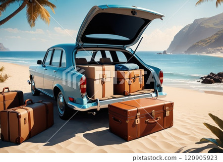 Suitcases and bags in trunk of car ready to depart for holidays. Moving boxes and suitcases in trunk of car, outdoors. Trip, travel, sea. Car on beach with sea background. Summer vacation concept. AI 120905923