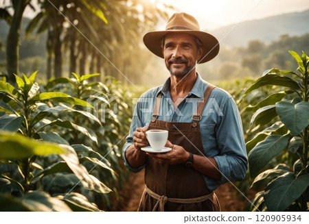 Happy male farmer with coffee cup looking on his crop on a plantation. AI Happy male farmer with coffee cup looking on his crop on a plantation. AI 120905934