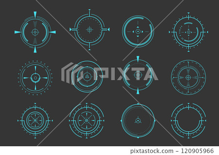 Hud aim pointer optical target, Futuristic focus range indicators, laser crosshair collimator sight. Measurement sniper for sniper gun. Game interface design ui element Hud aim pointer optical target, Futuristic focus range indicators, laser crosshair collimator sight. Measurement sniper for sniper gun. Game interface design ui element 120905966