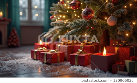 A beautifully decorated Christmas tree is surrounded by colorful presents adorned with ribbons. Candles flicker, creating a warm and cozy atmosphere in the room during the festive season. 120906023