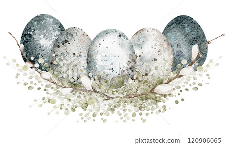 Easter watercolor composition illustration. Hand-drawn design with eggs, twigs, and vintage pastel tones for festive cards and invitations. Perfect for springtime holiday celebration templates. Easter watercolor composition illustration. Hand-drawn design with eggs, twigs, and vintage pastel tones for festive cards and invitations. Perfect for springtime holiday celebration templates. 120906065