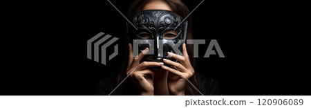 Young Woman Holding a Sad Mask in Front of Her Face Hiding - Generative Ai 120906089
