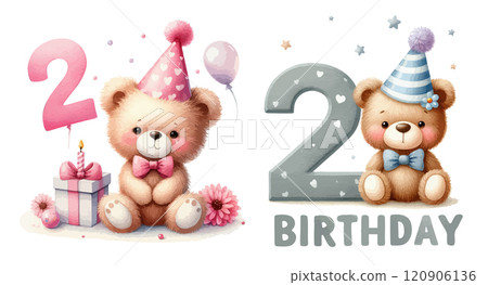 A cute first Birthday teddy bear wearing a party hat with number 2. Adorable innocence animal watercolor illustration for boy and girl. 120906136