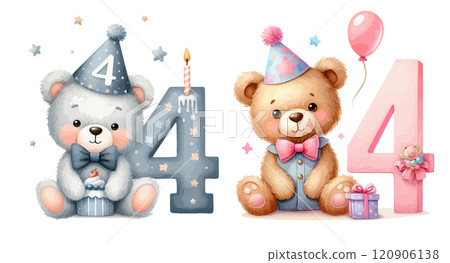 A cute first Birthday teddy bear wearing a party hat with number 4. Adorable innocence animal watercolor illustration for boy and girl. 120906138