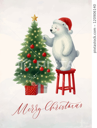 Cute watercolor illustration of a funny northern polar bear with Christmas tree. 120906140