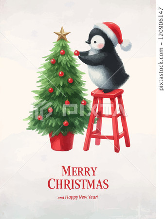 Cute watercolor illustration of a funny penguin with Christmas tree. Cute watercolor illustration of a funny penguin with Christmas tree. 120906147