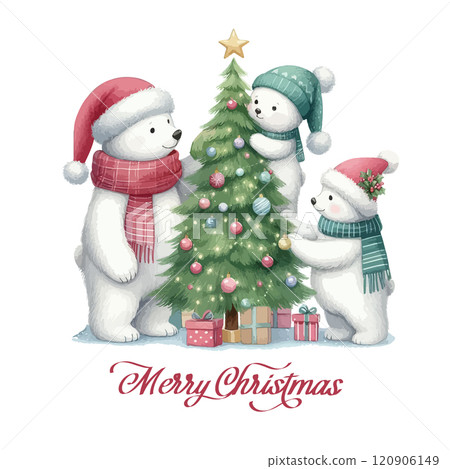 Cute watercolor illustration of a funny northern polar bear with Christmas tree. 120906149