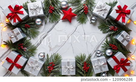 Christmas gifts framed with pine branches create a festive wreath. Christmas gifts framed with pine branches create a festive wreath. 120906286