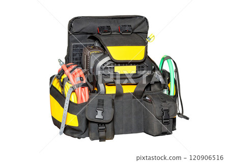 Versatile utility bag ready for electrical work in a workshop environment, isolated on white background. 120906516