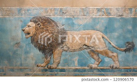 Wall fresco of lion like Ancient Sumerian or Babylonian art, cracked vintage sculpture, concept of antique, painting. 120906570