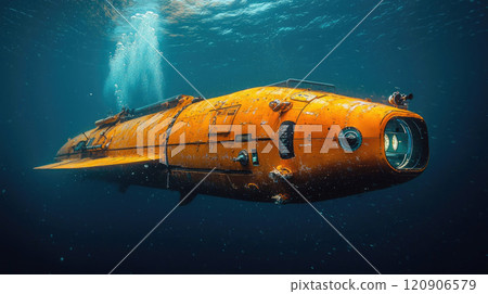 Autonomous submarine moves underwater, orange research bathyscaphe in ocean, deep sea vehicle swims under water. Concept of science, scientific exploration, discovery 120906579