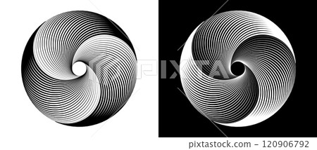 Spiral with lines as dynamic abstract vector background or logo or icon. Black circle on white background and white circle on black background. Dynamic design element with 3 parts. Spiral with lines as dynamic abstract vector background or logo or icon. Black circle on white background and white circle on black background. Dynamic design element with 3 parts. 120906792