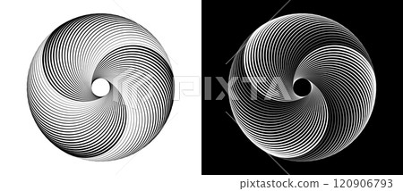 Spiral with lines as dynamic abstract vector background or logo or icon. Black circle on white background and white circle on black background. Dynamic design element with 3 parts. Spiral with lines as dynamic abstract vector background or logo or icon. Black circle on white background and white circle on black background. Dynamic design element with 3 parts. 120906793