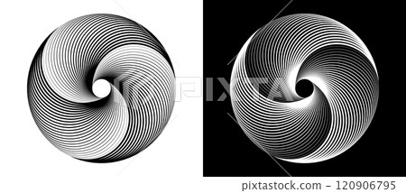 Spiral with lines as dynamic abstract vector background or logo or icon. Black circle on white background and white circle on black background. Dynamic design element with 3 parts. Spiral with lines as dynamic abstract vector background or logo or icon. Black circle on white background and white circle on black background. Dynamic design element with 3 parts. 120906795