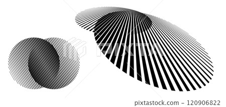 Transition in two circles with parallel lines. Perspective and normal view. Abstract art geometric background for logo, icon, tattoo. Black shape on a white background. 120906822