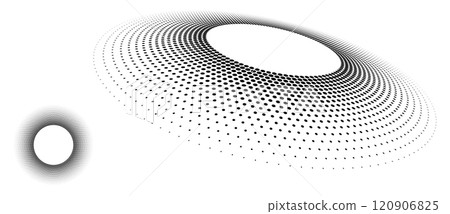 Abstract halftone dotted circles advertising background. Optical illusion effect. Black creative halftone circle polka dots vector in perspective view. 120906825