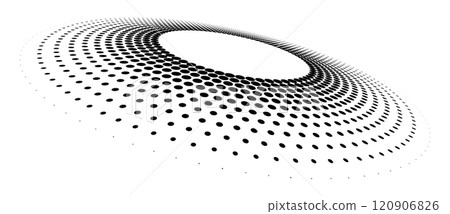 Abstract halftone dotted circles advertising background. Optical illusion effect. Black creative halftone circle polka dots vector in perspective view. Abstract halftone dotted circles advertising background. Optical illusion effect. Black creative halftone circle polka dots vector in perspective view. 120906826