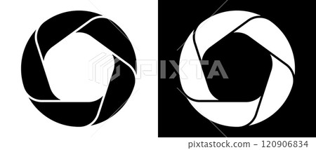 Rotate circle with 5 parts. A spiral with rounded ends as an icon, logo or symbol. Dynamic design element. A black figure on a white background and an equally white figure on the black side. 120906834