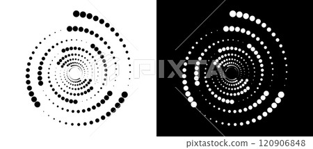 Modern abstract background. Halftone dots in spiral. Round logo. Vector dotted frame. Design element or icon. Black shape on a white background and the same white shape on the black side. 120906848