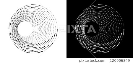 Modern abstract background. Halftone dots in spiral. Round logo. Vector dotted frame. Design element or icon. Black shape on a white background and the same white shape on the black side. Modern abstract background. Halftone dots in spiral. Round logo. Vector dotted frame. Design element or icon. Black shape on a white background and the same white shape on the black side. 120906849