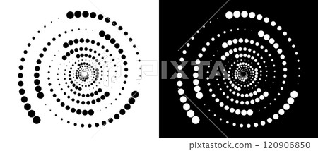 Modern abstract background. Halftone dots in spiral. Round logo. Vector dotted frame. Design element or icon. Black shape on a white background and the same white shape on the black side. Modern abstract background. Halftone dots in spiral. Round logo. Vector dotted frame. Design element or icon. Black shape on a white background and the same white shape on the black side. 120906850