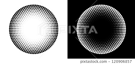 Halftone circle as icon or background. Abstract vector circle frame with dots as logo or emblem. Black shape on a white background and the same white shape on the black side. 120906857