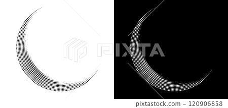 Modern abstract background. Halftone dots in circle form. Letter C or moon like logo, icon or design element. Black dots on a white background and white dots on the black side. 120906858