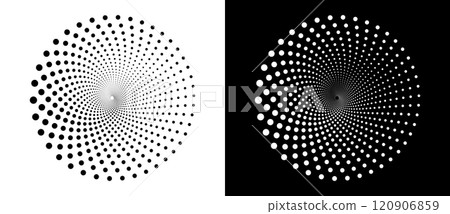 Halftone circle as icon or background. Abstract vector circle frame with dots as logo or emblem. Black shape on a white background and the same white shape on the black side. Halftone circle as icon or background. Abstract vector circle frame with dots as logo or emblem. Black shape on a white background and the same white shape on the black side. 120906859