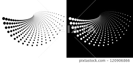Modern abstract background. Halftone dots in spiral. Round logo. Vector dotted frame. Design element or icon. Black shape on a white background and the same white shape on the black side. 120906866