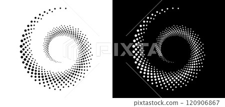 Modern abstract background. Halftone dots in spiral. Round logo. Vector dotted frame. Design element or icon. Black shape on a white background and the same white shape on the black side. 120906867