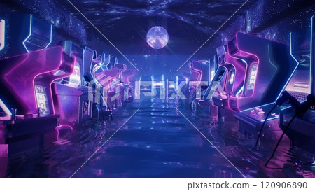 Welcome to a Futuristic Arcade with Neon Lights and Vibrant Colors for a unique experience 120906890