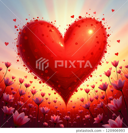 Heart-shaped object above pink flowers. 120906993