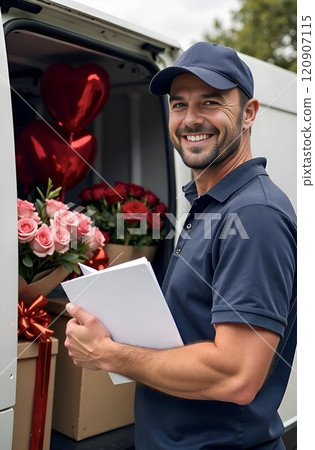 Smiling delivery man wearing a blue cap and T-shirt with documents in hands near the open side door of a white van with gift boxes, bouquet, and heart-shaped balloon Smiling delivery man wearing a blue cap and T-shirt with documents in hands near the open side door of a white van with gift boxes, bouquet, and heart-shaped balloon 120907115