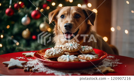 Cute dog sitting near plate with Christmas gingerbread cookies 120907216