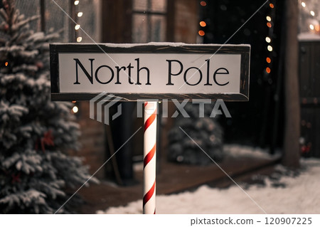 North Pole sign amidst snowy landscape North Pole sign amidst snowy landscape 120907225
