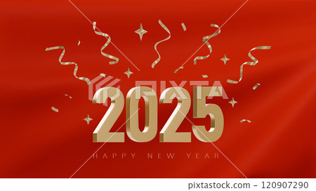 Happy new year 2025. 3D vector Festive design with golden number on a background of red fabric. Luxury design for Christmas and New Year banners, flyers. Happy new year 2025. 3D vector Festive design with golden number on a background of red fabric. Luxury design for Christmas and New Year banners, flyers. 120907290