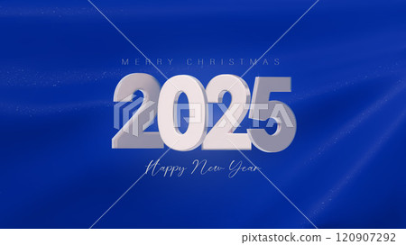 Happy New Year 2025. New modern 3d vector design. White silver 2025 with on royal blue fabric background. Template for New Year banners, flyers, greeting cards Happy New Year 2025. New modern 3d vector design. White silver 2025 with on royal blue fabric background. Template for New Year banners, flyers, greeting cards 120907292