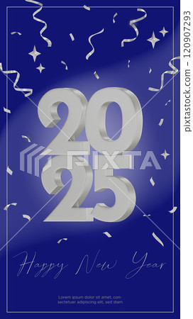 Happy New Year 2025. Vertical greeting card. New modern 3d vector design. White silver 2025 with on dark blue textile background. Template for New Year banners, flyers, greeting cards Happy New Year 2025. Vertical greeting card. New modern 3d vector design. White silver 2025 with on dark blue textile background. Template for New Year banners, flyers, greeting cards 120907293