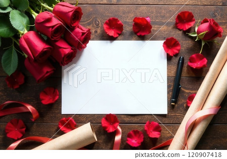 Text space on florist's table surrounded by red roses 120907418