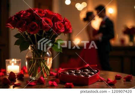Couple dancing in darkness by candlelight on Valentine's Day, in the foreground a bouquet of large red roses and a box of chocolates 120907420